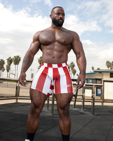 BODYBUILDING SHORTS – MOTORS / STRIPE RED