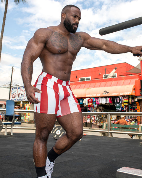 BODYBUILDING SHORTS – MOTORS / STRIPE RED