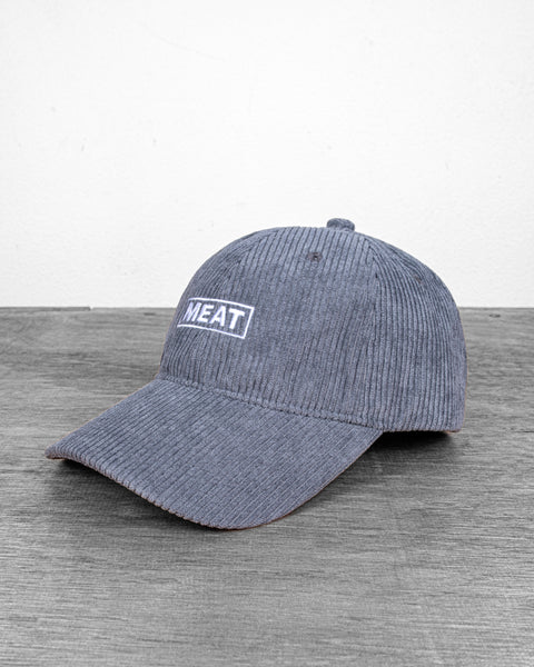 Gray corduroy baseball cap with embroidered MEAT box logo